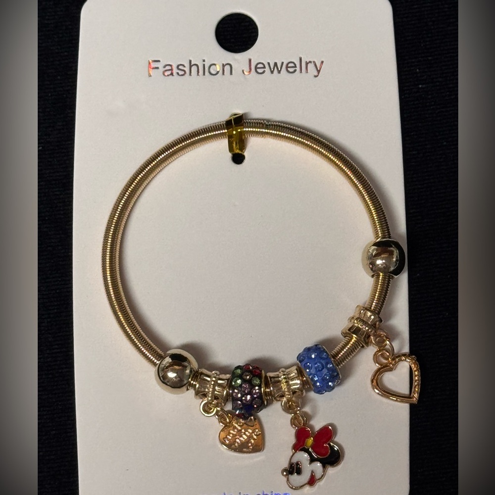 Fashion Jewelry Gold and Multicolored Minnie Charm Stretch Bracelet